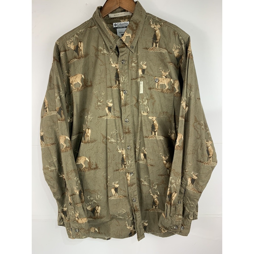 Columbia Sportswear Mens Large River Lodge Deer Pattern Long Sleeve Button Up